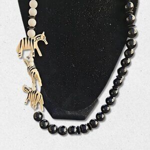 Karla Jordan Glass Beaded Necklace Three Wooden Zebra Pendants Black/White W OS